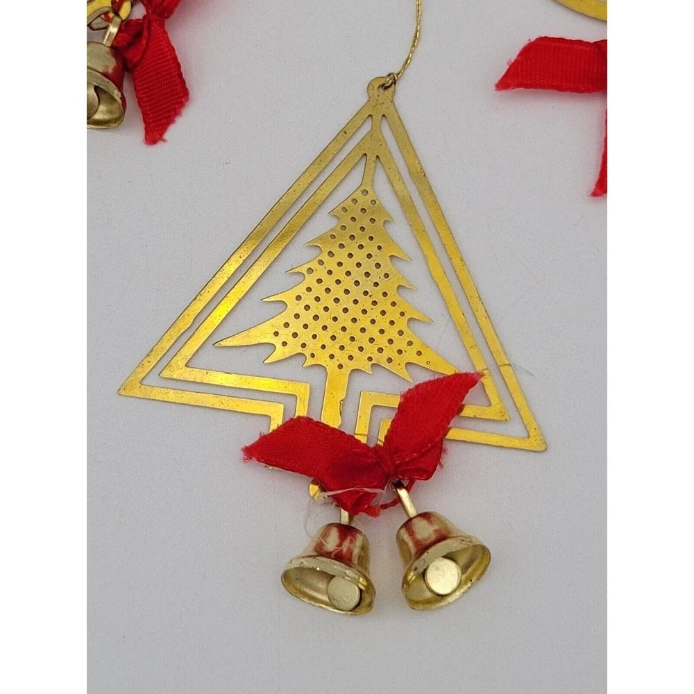 Lot of 3 Vintage Gold Tone Flat Metal‎ Christmas Ornaments With Bells